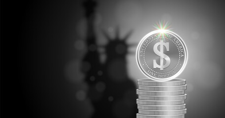 Vector silver coin of one dollar USA denomination. Bright glowing radiant highlights and spots. Darkened dark shadow of statue. Business and finance. Economic poster. Liberty