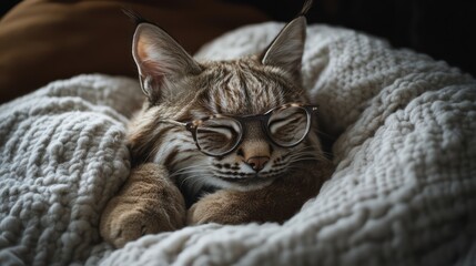 Sleepy Bobcat in Glasses, Cozy Blanket (1)