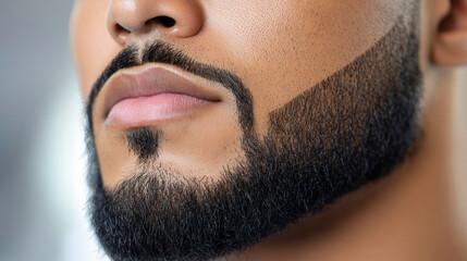 A close-up view of a meticulously shaped beard with crisp, sharp lines around the jaw and cheeks.