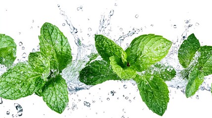 Fresh mint leaves splashing water droplets image