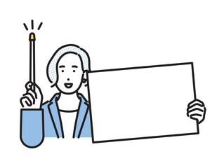 シンプル　イラスト　ホワイトボードを持つビジネスパーソンの女性 人物
