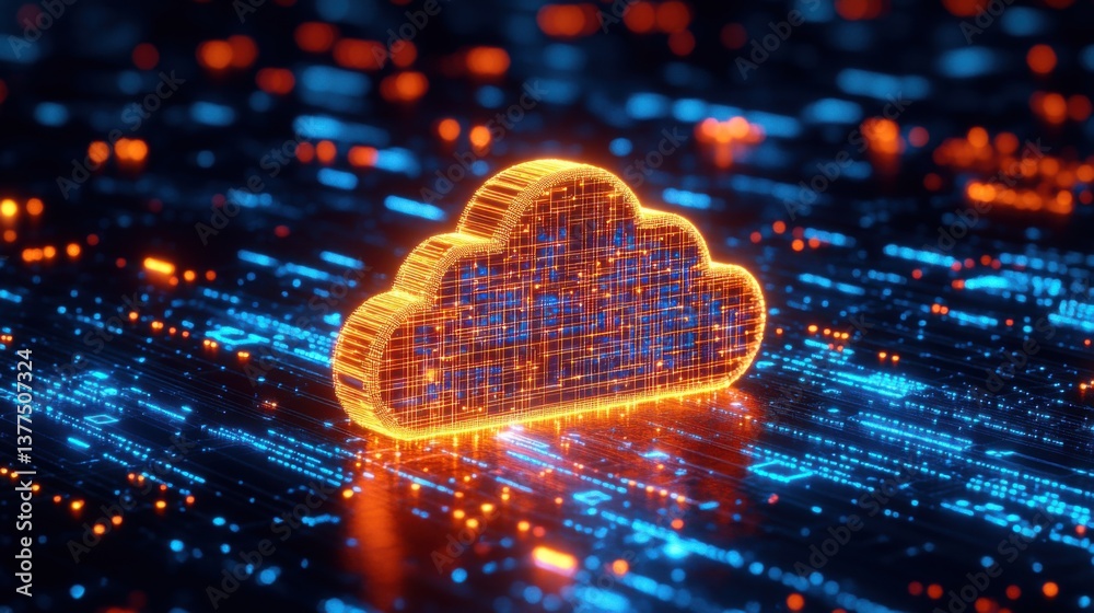 Poster a glowing cloud icon surrounded by vibrant digital data streams, symbolizing cloud computing and dat