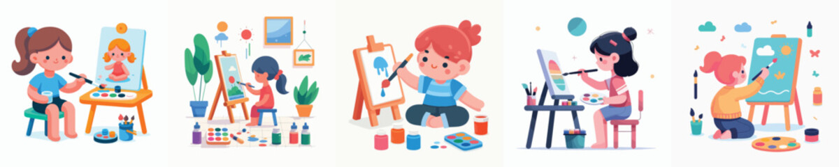vector set of girls painting