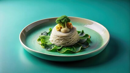 Artistic Presentation of Noodles with Vegetables on a Teal Plate