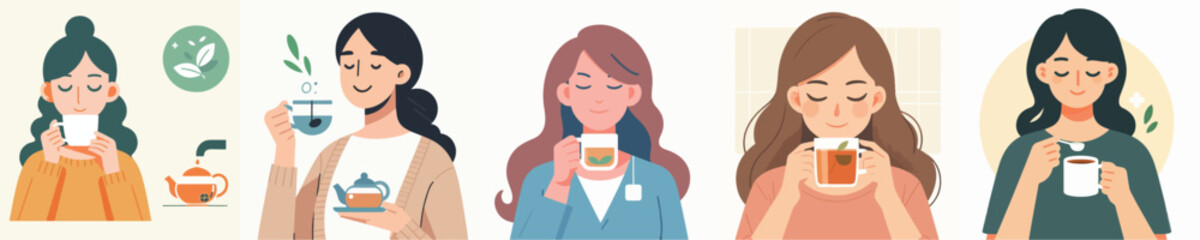 vector set of a woman drinking