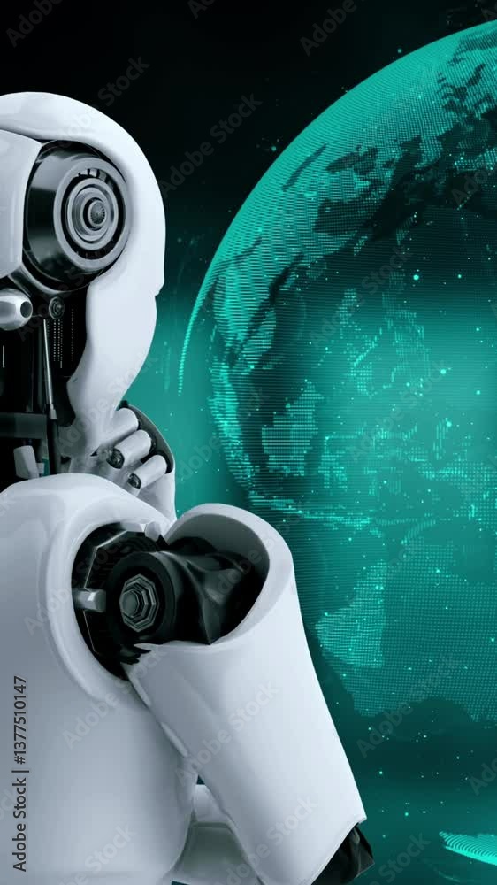 Poster ai robot huminoid uses cloud computing technology to store data on online server . futuristic concep