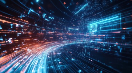 Obraz premium A vibrant digital landscape with flowing lines of light and data, representing technology and innovation in a futuristic environment.