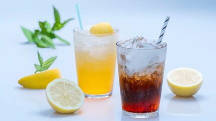 Fototapeta premium Refreshing Lemon & Cola Iced Drinks Summer Beverage Photography