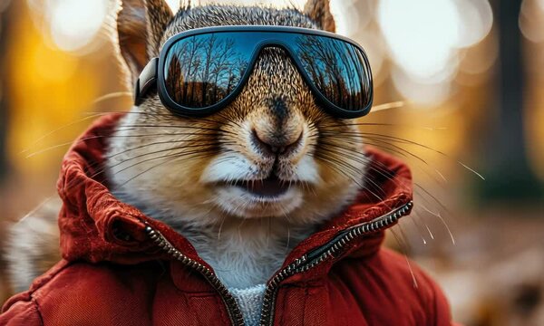 A stylish squirrel wearing sunglasses and a red jacket in a vibrant, blurred autumn background.