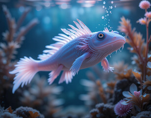 Fototapeta premium Photorealistic Axolotl Swimming Underwater with Glowing Gills