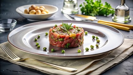 A Delicate Presentation of Gourmet Beef Tartare with Garden Peas, artfully arranged on a sophisticated plate, garnished with fresh herbs, enhancing its culinary appeal