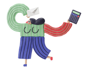 Female accountant bouncing happily with an envelope and a calculator