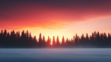 Majestic Sunset over Silhouetted Pine Forest in Winter Wonderland