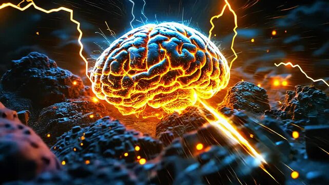 Vibrant digital representation of a brain amidst glowing rocks and electric energy in a surreal landscape