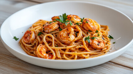 Delicious shrimp pasta dish garnished with fresh herbs and spices, perfect for seafood lovers