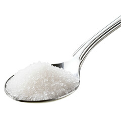 Granulated sugar heaped in a stainless steel spoon on a clean transparent background for culinary uses, sugar in spoon isolated on transparent background