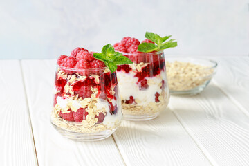 Raspberry Yogurt Parfaits with Oats and Mint Garnish