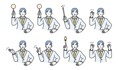 シンプル　イラスト　ポジティブな表情とポーズのビジネスマンの男性 人物バリエーション