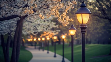 Spring Pathway Illuminated by Lamps