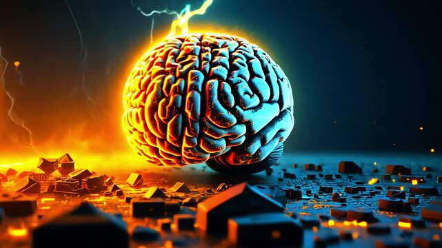 A glowing brain surrounded by electric lightning and debris, symbolizing creativity and energy