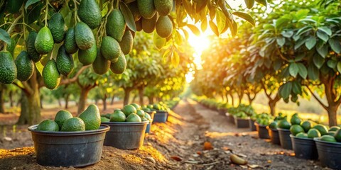 Golden Hour Harvest Rows of Avocado Trees Laden with Ripe Fruit Ready for Gathering in Black Buckets at Sunset © Kukar Studio