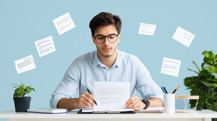 Fototapeta premium A person intently focused on rewriting and updating their professional resume, surrounded by abstract, floating digital elements that symbolize the process of self-improvement and career progression.