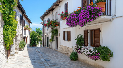 Obraz premium Charming European village with colorful flowers adorning white buildings and cobblestone streets