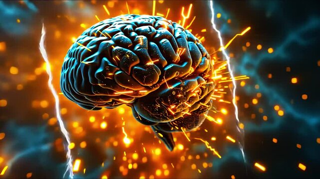 Vibrant representation of a brain surrounded by electric sparks and dynamic energy in a dark background