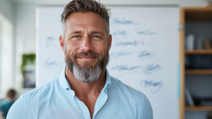 Obraz premium confident man with beard smiles modern office setting, surrounded by whiteboard filled with