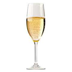 Champagne flute filled with sparkling wine and golden bubbles isolated on transparent background