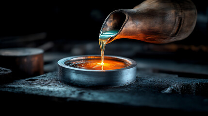 Obraz premium a medium shot of molten metal being poured from a crucible into a mold.
