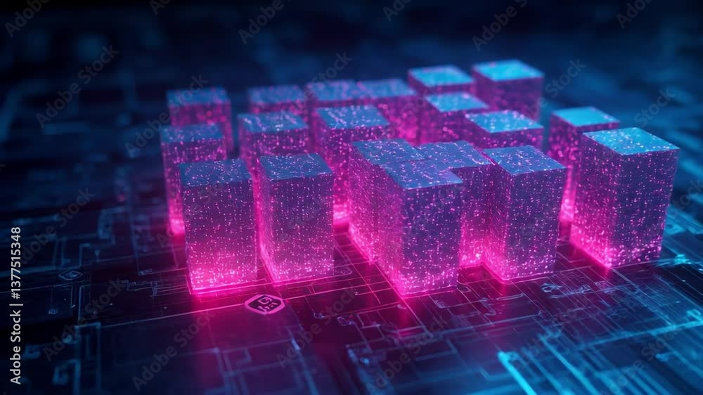 Poster glowing 3d blockchain network transparent blocks connecting and verifying data infinitely