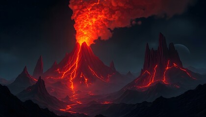 Erupting Volcano at Night: Fiery Lava Flows on Volcanic Landscape
