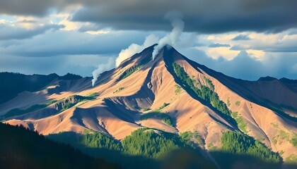 Dramatic Mountain Landscape with Smoke and Clouds