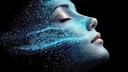 Serene Woman Transformed by Glowing Water Particles Abstract Beauty Portrait
