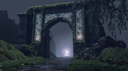 Obraz premium Enigmatic Moss-Covered Archway A Mysterious Gateway to the Unknown