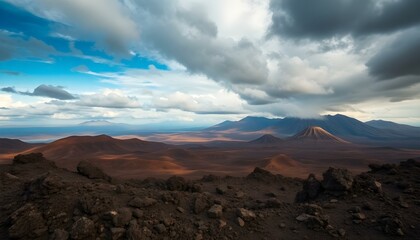 Dramatic Volcanic Landscape Under a Cloudy Sky, Chile