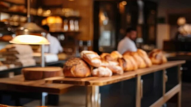 Warm, inviting bakery scene captured from a low angle, showcasing fresh bread. The video highlights a cozy, artisanal atmosphere.