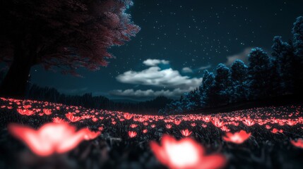 Enchanted Night Glowing Flowers Under a Starlit Sky