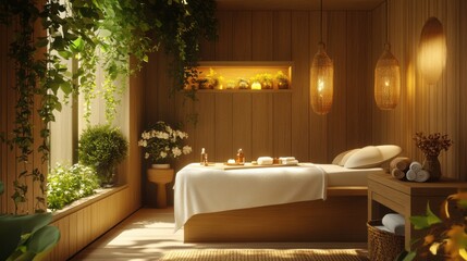 A serene spa room featuring natural wood, lush plants, soft lighting, and a massage table, creating a tranquil atmosphere for relaxation.