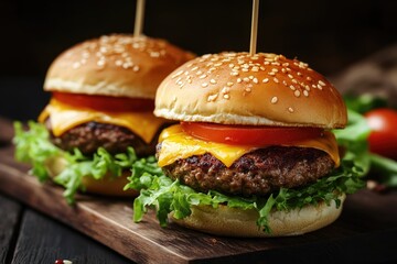 Two delicious burgers on a wooden board, featuring juicy beef patties, melted cheese, crisp lettuce, and ripe tomatoes