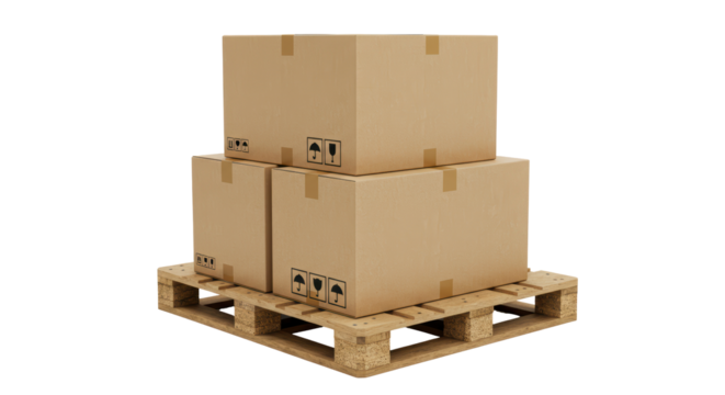 Isolated Stacked Cardboard Boxes on Wooden Pallet