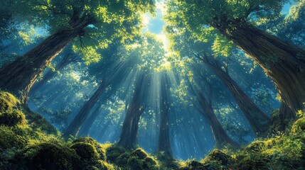 Obraz premium A serene forest scene with sunlight filtering through tall trees, creating a magical atmosphere filled with greenery and tranquility.