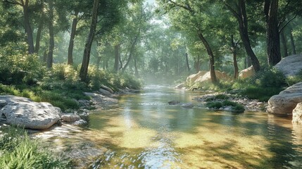 Obraz premium A serene forest scene featuring a tranquil river flowing between lush greenery and rocks, illuminated by soft, natural light.