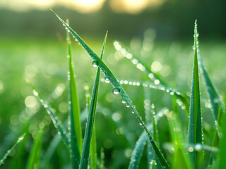 Naklejka premium Morning Splendor: Dew Drops Adorning Grass Blades Reflect Sunlight in a Sparkling Display Amidst Trees and a Building