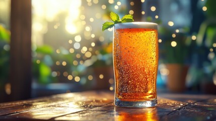 A refreshing glass of beer with mint sits on a wooden table, surrounded by sparkling bokeh lights, creating a warm and inviting atmosphere.
