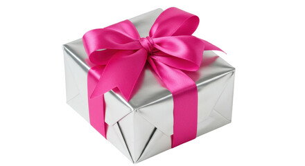 Isolated Silver Gift Box with Pink Ribbon