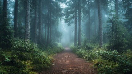 Naklejka premium A misty forest path surrounded by tall trees, creating a serene and mysterious atmosphere, inviting exploration into nature's depths.