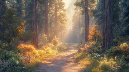 Obraz premium A serene forest path bathed in soft sunlight, surrounded by vibrant greenery and colorful flowers, creating a peaceful and tranquil atmosphere.