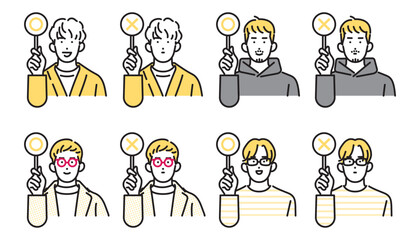 シンプル　イラスト　まるとバツの札を持つカジュアルな服装の男性 人物セット